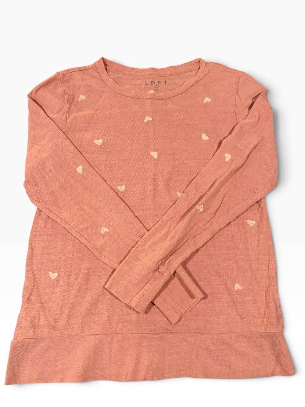 LOFT Heart Embroidered Slub Knit Long Sleeve Tee Shirt XS Coral Pink
